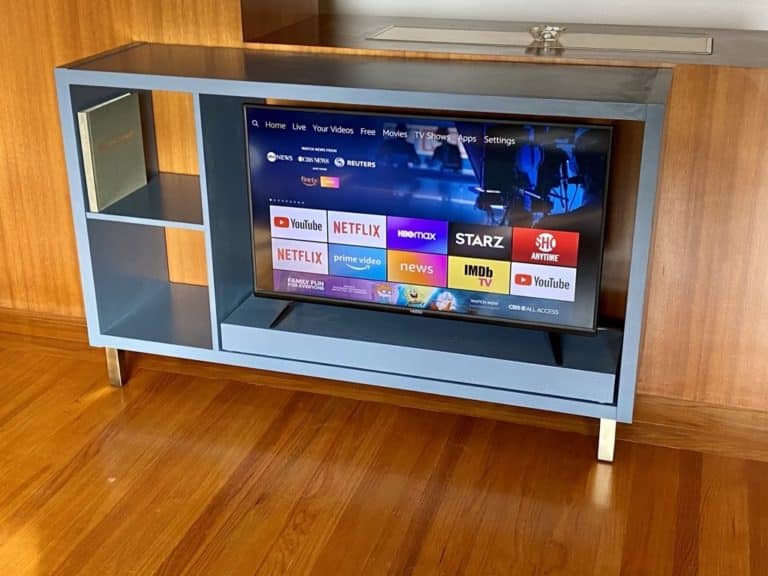Flat screen TV stand hack from IKEA KALLAX shelving